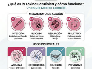 Infografía sobre qué es el Botox, su mecanismo de acción y usos principales en EWAH By Dra. Lorena Pinzón Bogotá