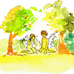 エデンの園で悲しむ人々の素材