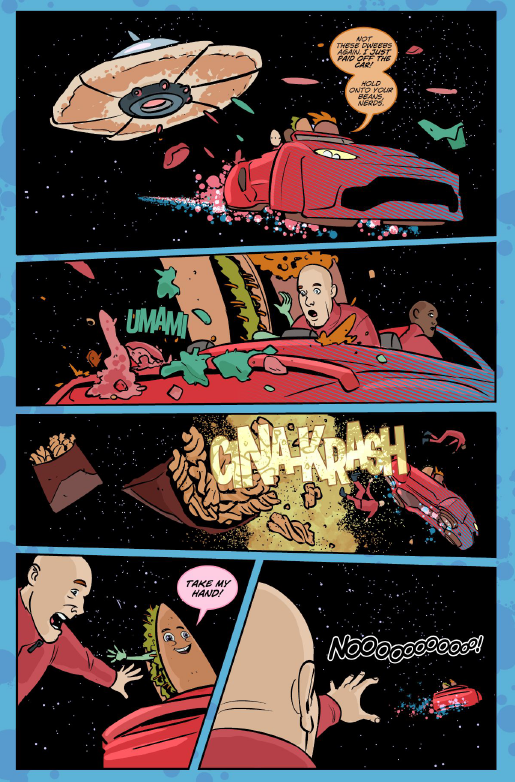 The car is attacked by a Crunchwrap saucer, forcing the two washers out of the car as they are left behind.