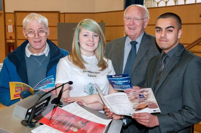 Dudley College visitors David Barratt and Bryan Richens with students Charlotte Stubbs and Umar Arshid
