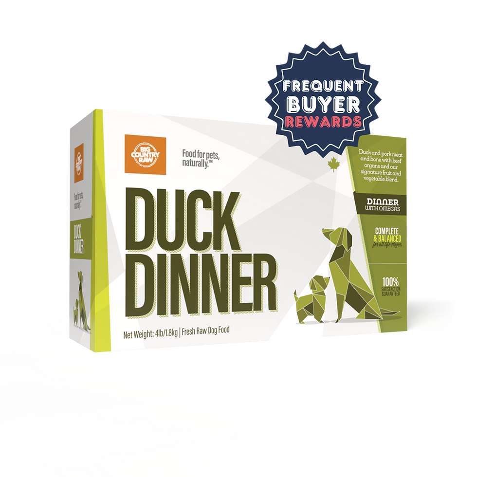 Duck Dinner dog food box with Frequent Buyer Rewards