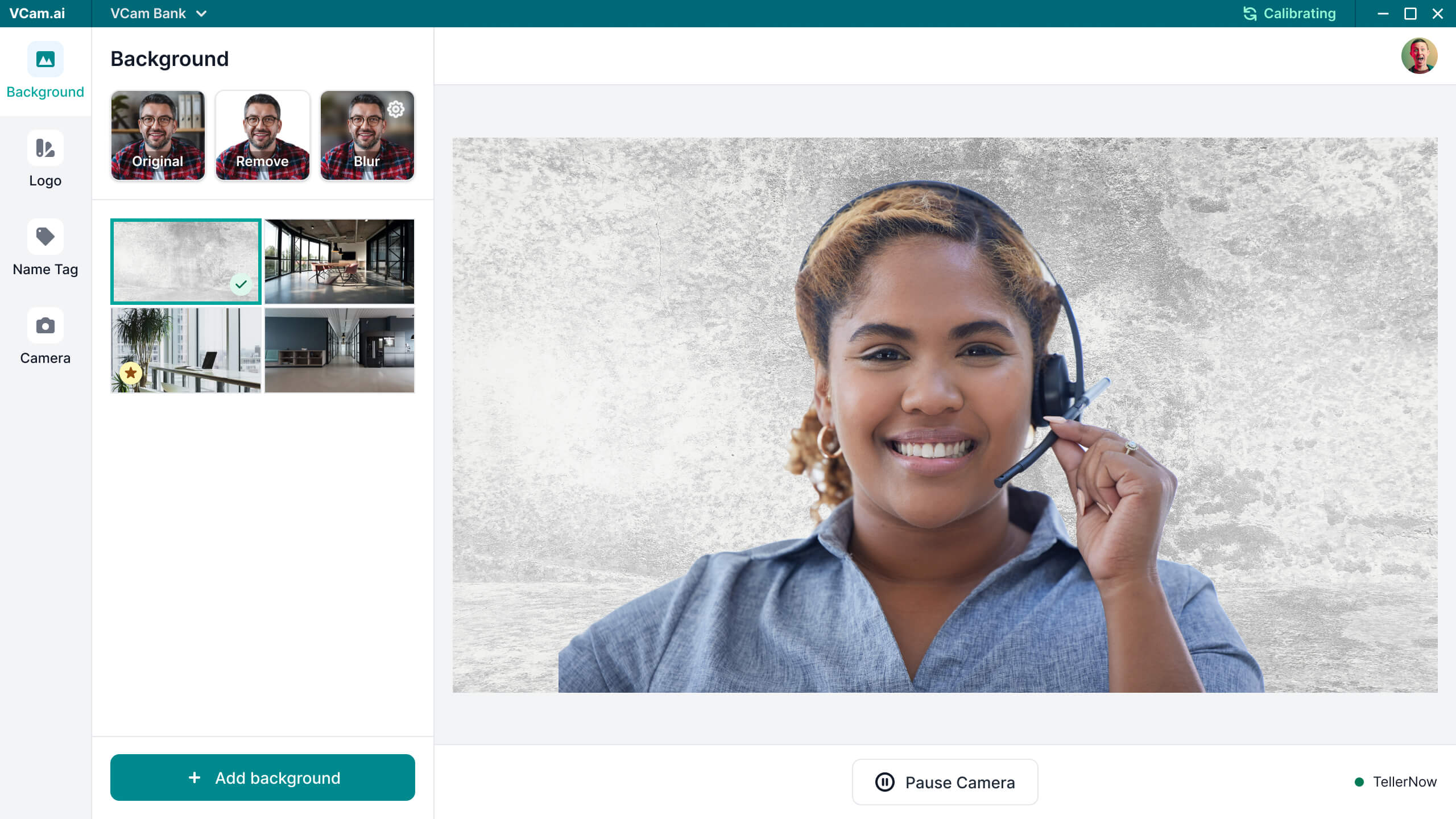 A virtual teller using VCam to replace her home background.