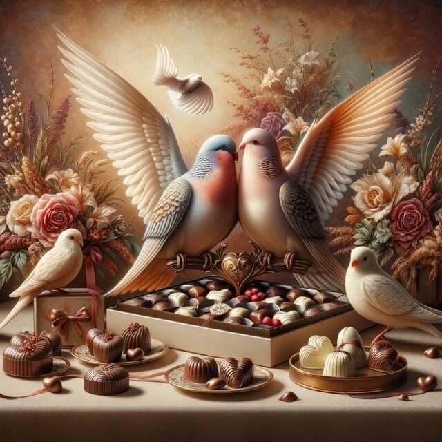 Picture a serene and affectionate scene that combines the symbols of Valentine's Day with natural elegance. In this setting, lovebirds and doves Medium