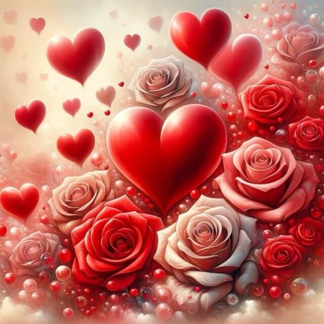 Imagine a scene that radiates love and affection, now softened with a delicate touch. The composition features an assortment of hearts and roses Medium