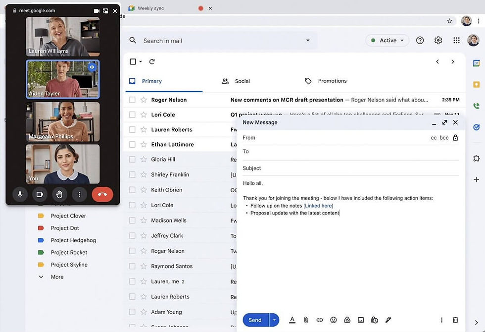 Video call with four people on the left, email draft on the right. Email mentions a meeting follow-up. Bright screen, organized layout.