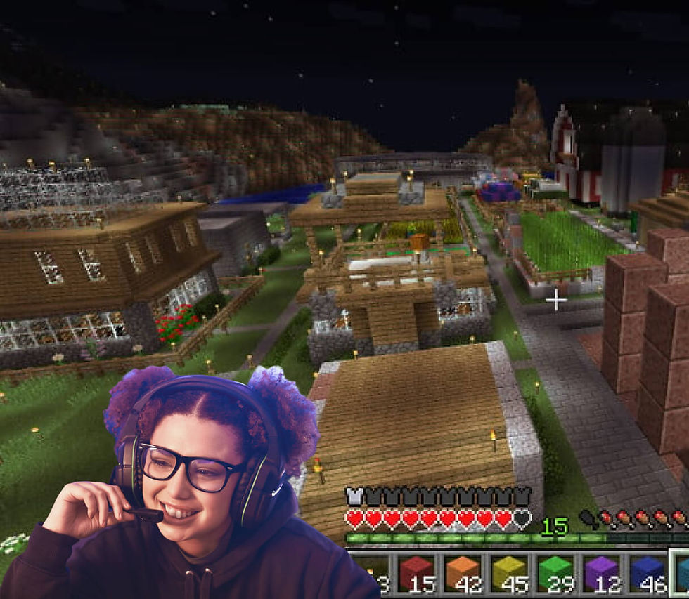 Smiling woman with glasses, Minecraft city, night view. Using VCam as a green screen.