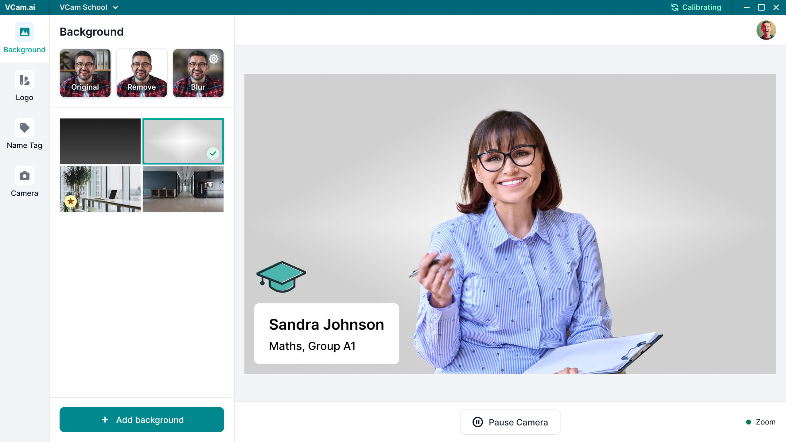 Teacher smiling, holding pen and clipboard; Education; VCam background options.