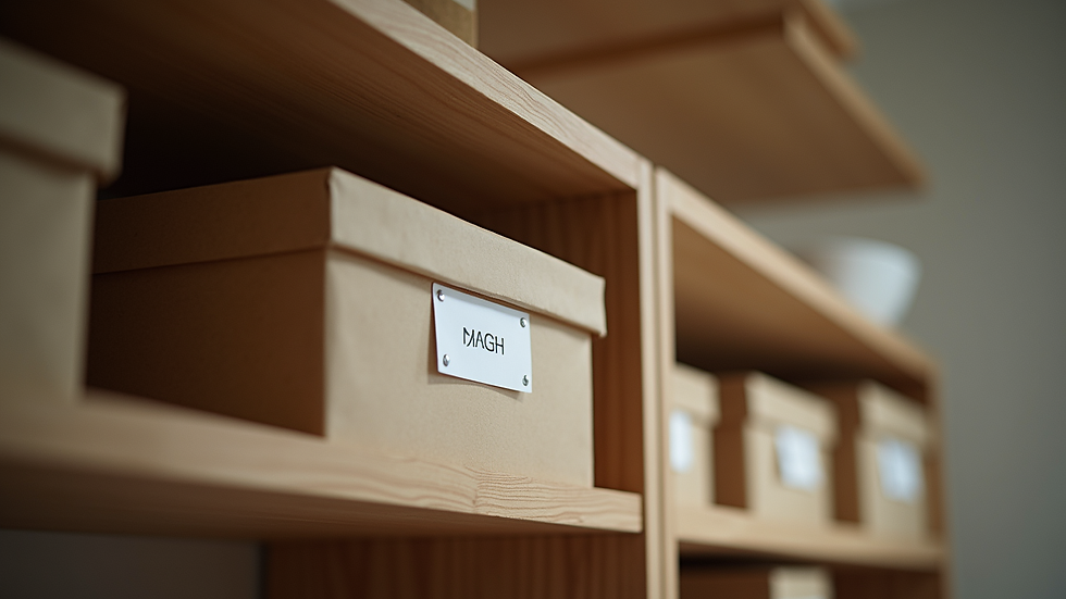 Close-up view of neatly labeled storage boxes in a closet