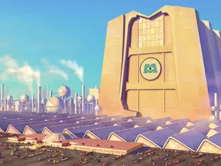 Futuristic cityscape with a large building displaying an "M" logo, surrounded by smokestacks and domed structures. Clear blue sky.