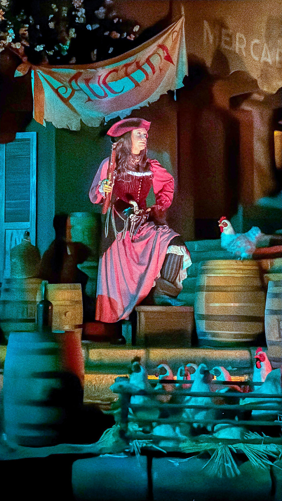 Redd in Disneyland's Pirates of the Caribbean. Photo: © Dr. Lauren Kilroy-Ewbank, 2025.
