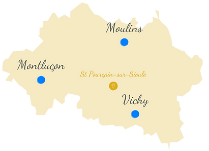 une illustration des 3 principaux pôles urbains de l'Allier représentés en bleu sur une carte jaune