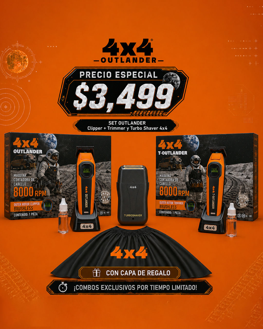 COMBO: OUTLANDER SET Clipper + Trimmer, Turbo Shaver 4x4 y CAPA DE REGALO