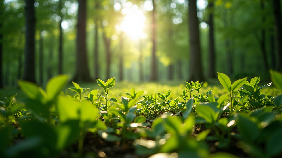 Eye-level view of a lush green forest with sunlight filtering through the leaves