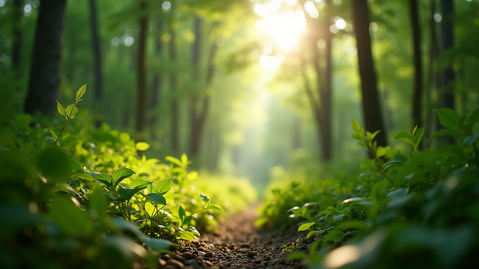 Eye-level view of a lush green forest with sunlight filtering through the leaves