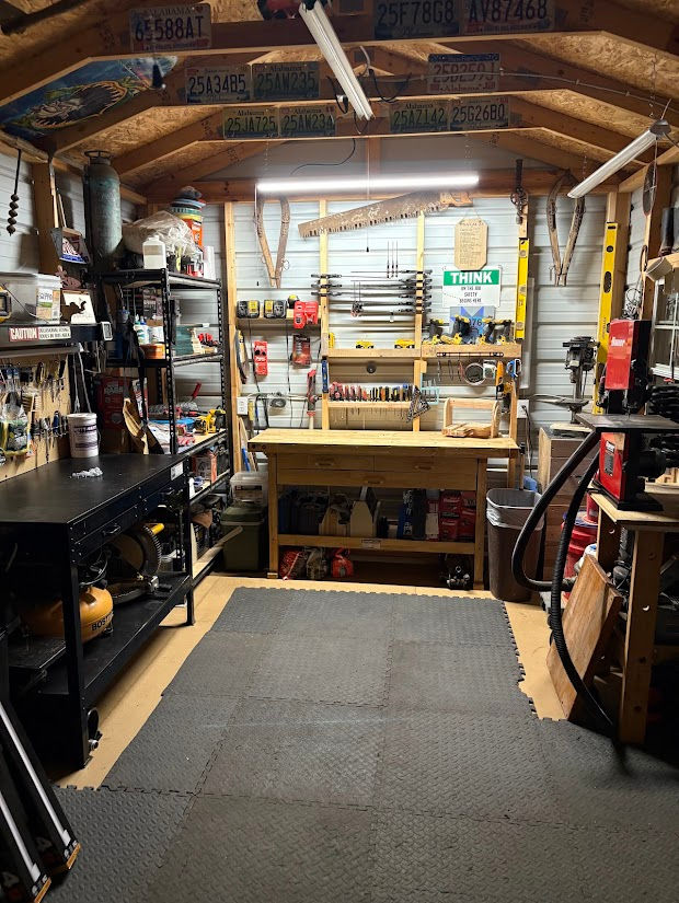 Organized woodworking shop with tools