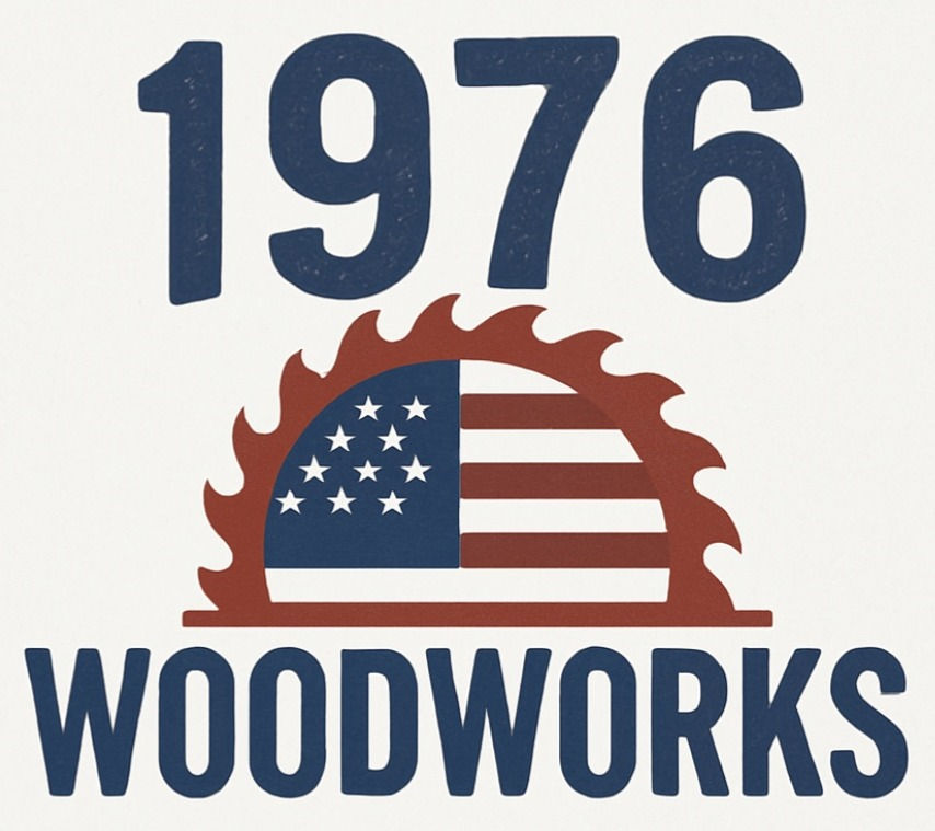 1976 Woodworks logo with American flag saw blade