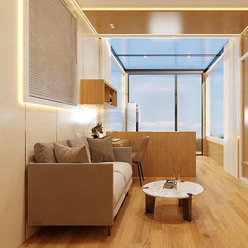 With a big glass windows