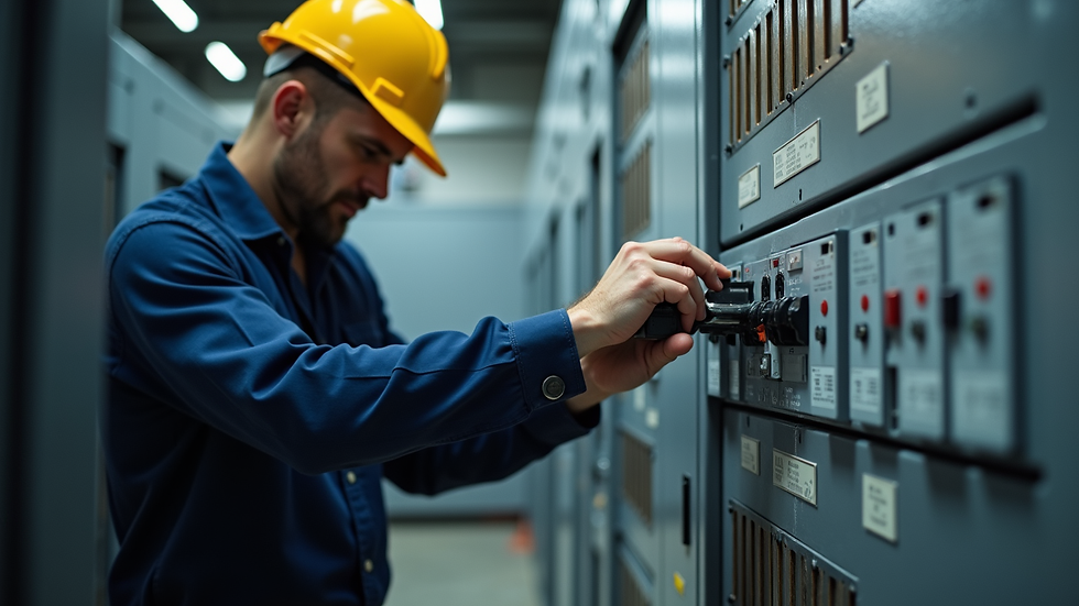 Close-up view of an electrician testing a circuit breaker panel