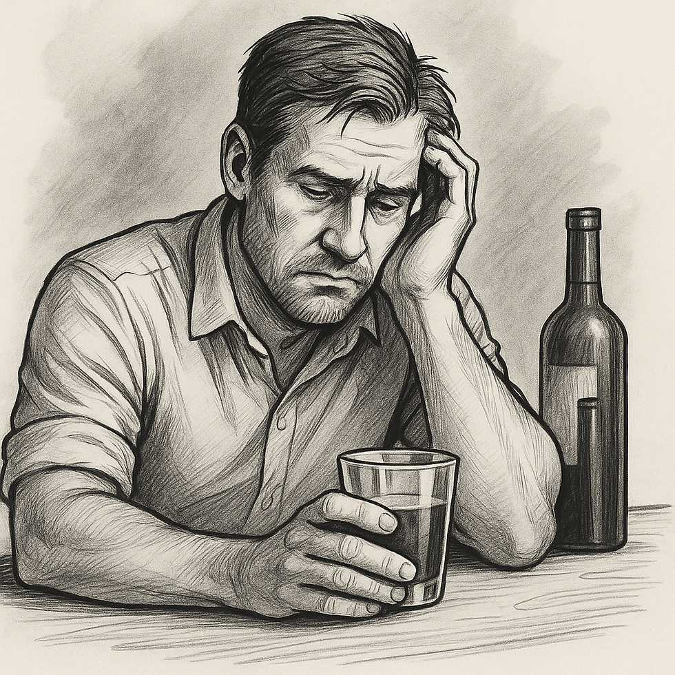 Worn-out middle-aged man sitting with a glass of alcohol and a bottle on the table, reflecting fatigue and emotional strain — illustrating the hidden hormonal and mental cost of regular drinking.
