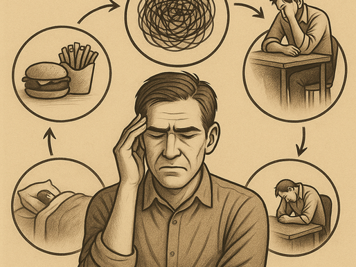 Worried middle-aged man surrounded by symbols of fatigue, low libido, poor sleep, belly fat, and confusion - representing low testosterone symptoms.
