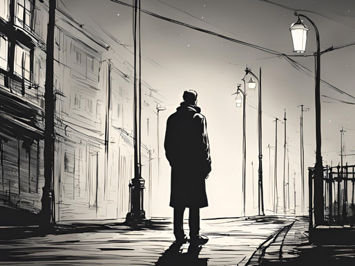Silhouetted man in a coat walking alone through a dimly lit urban street — conveying solitude, reflection, and the emotional weight of erectile dysfunction.