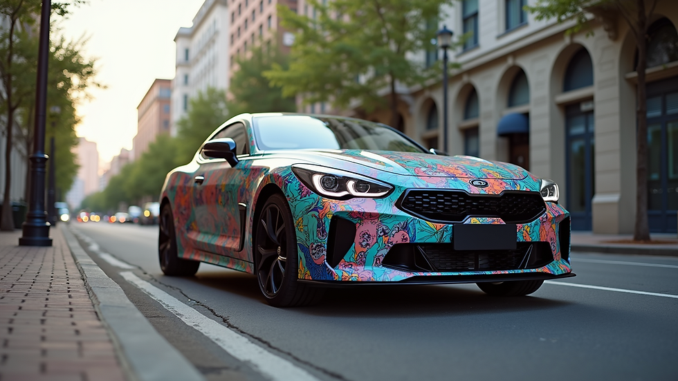 Eye-level view of a vehicle with a vibrant full wrap design