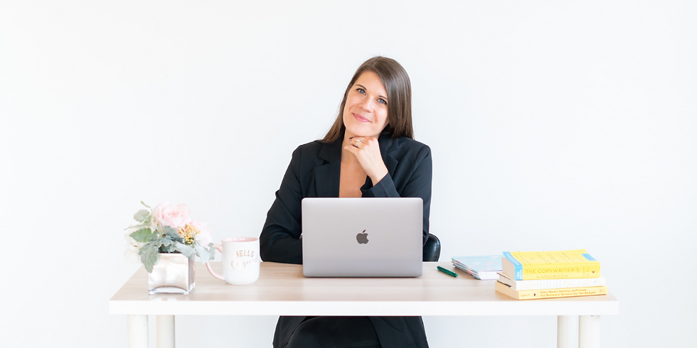Website copywriting guide and checklist with Kristin Overly sitting at a desk.