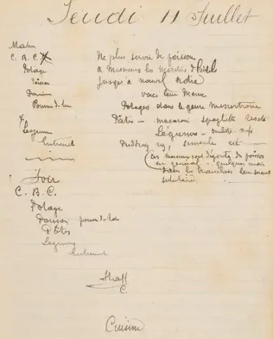 manuscrit d'Auguste Escoffier - Carlton de Londres - menus 1918
