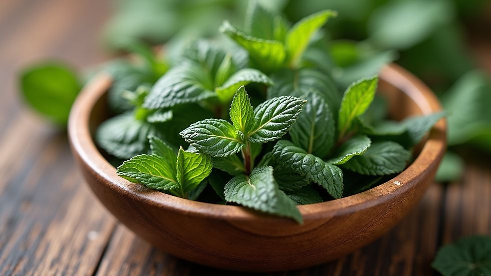 Close-up view of dried peppermint leaves in a wooden bowl