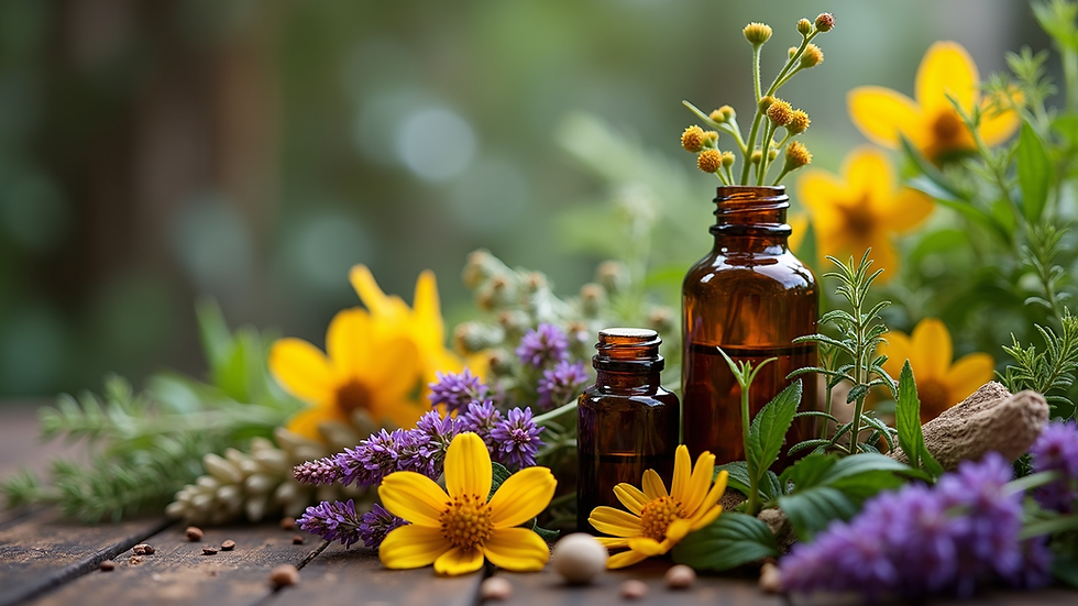 Close-up view of native Australian herbs and flowers arranged for herbal medicine