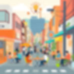 An uplifting, flat-style illustration depicting a lively local main street in Machida. For