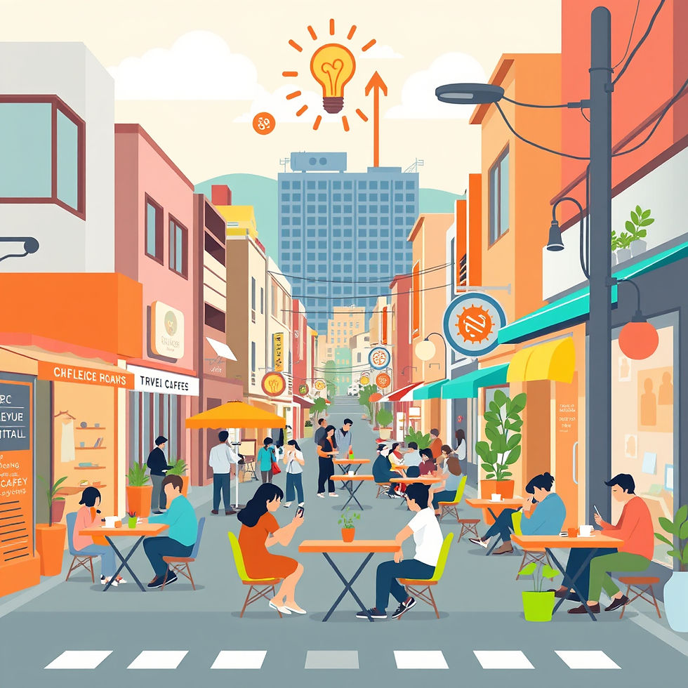An uplifting, flat-style illustration depicting a lively local main street in Machida. For