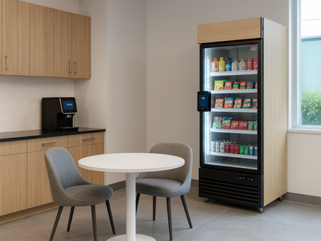 GrabGoVend smart vending machine installed in a modern office breakroom, showcasing a sleek wood finish and stocked with drinks and snacks—demonstrating our commitment to providing convenient, high-tech refreshment solutions for workplaces.