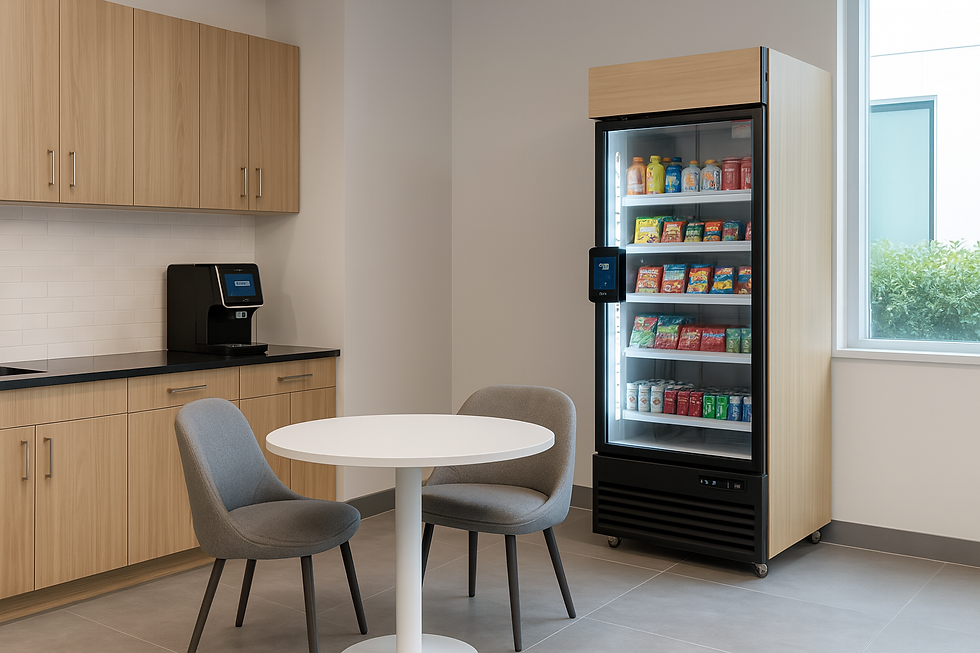 GrabGoVend smart vending machine installed in a modern office breakroom, showcasing a sleek wood finish and stocked with drinks and snacks—demonstrating our commitment to providing convenient, high-tech refreshment solutions for workplaces.