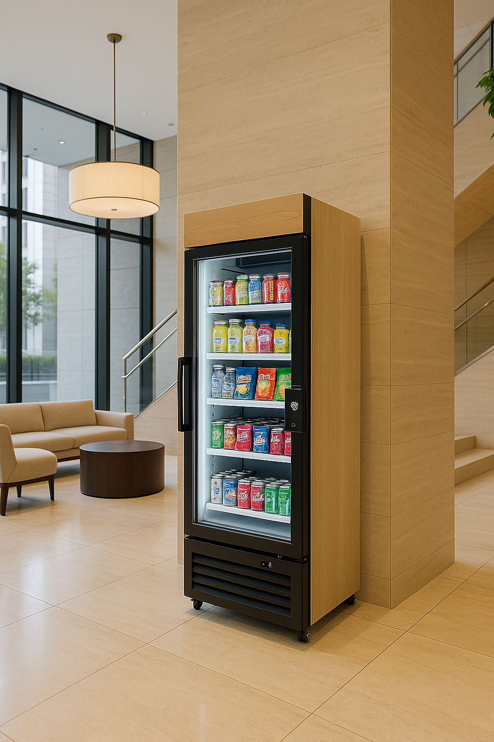 Slim, wood-framed smart vending fridge with drinks and snacks, placed in a modern luxury apartment lobby with minimalist seating and large windows.