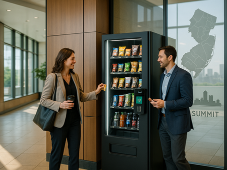 Two professionals use a slim AI vending machine in a bright Summit, NJ office lobby.