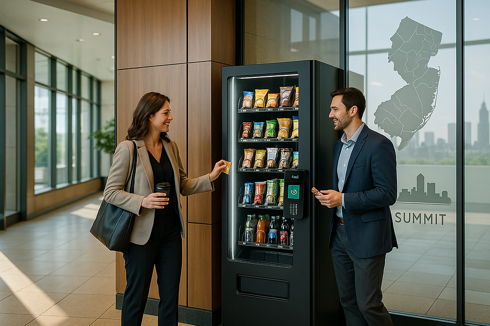Two professionals use a slim AI vending machine in a bright Summit, NJ office lobby.