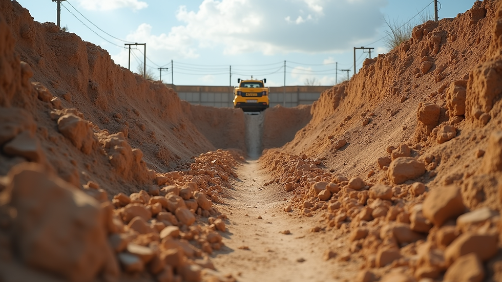Eye-level view of a construction site with earth retention walls and excavation