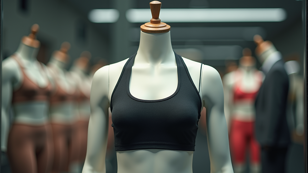 Eye-level view of a stylish gym set displayed on a mannequin