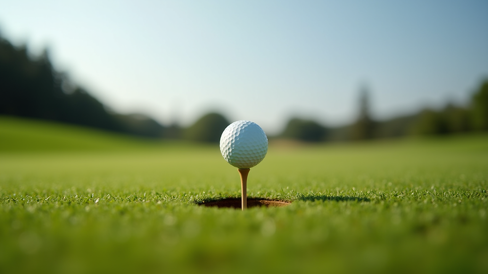 Eye-level view of golf ball positioned on the tee on a green field