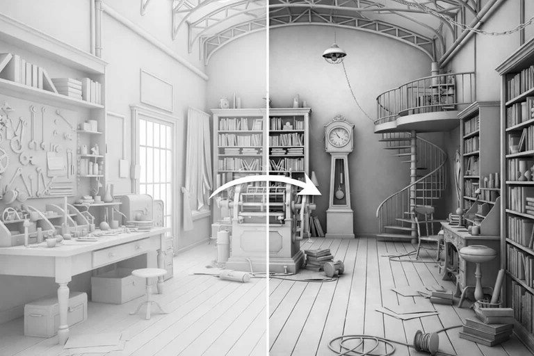 Rendering 3D diviso di un interno stile officina-biblioteca con ombreggiatura piatta a sinistra e occlusione ambientale a destra