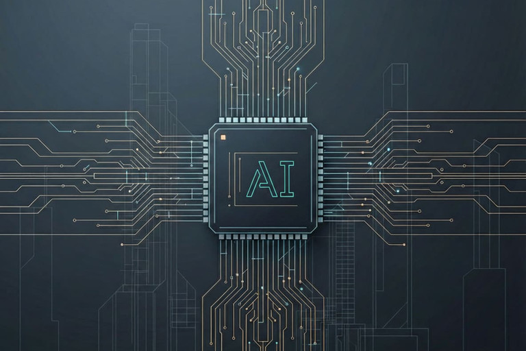 Illustrazione di un chip per computer con la scritta AI al centro di circuiti dorati e turchesi luminosi