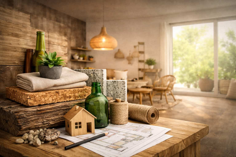 Modellino di casa in legno e planimetrie su un tavolo rustico con bottiglie di vetro, spago, sughero e pietra in un interno in stile eco