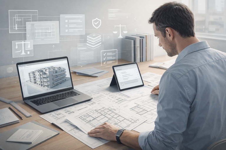 Architetto alla scrivania esamina planimetrie accanto a un laptop con modello 3D e icone di conformità