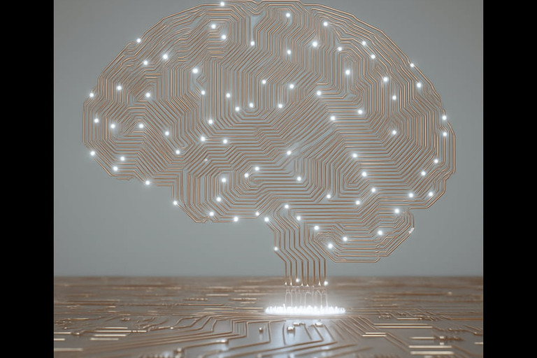 Render 3D de un cerebro formado por trazas de circuito de cobre brillantes sobre una placa base