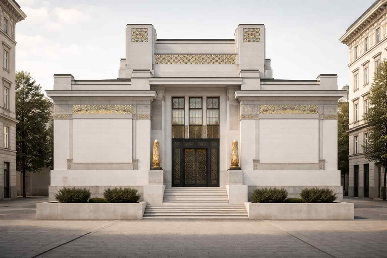 Facciata bianca simmetrica in stile art nouveau con fregi floreali dorati, colonne dorate e ingresso con vetrate colorate