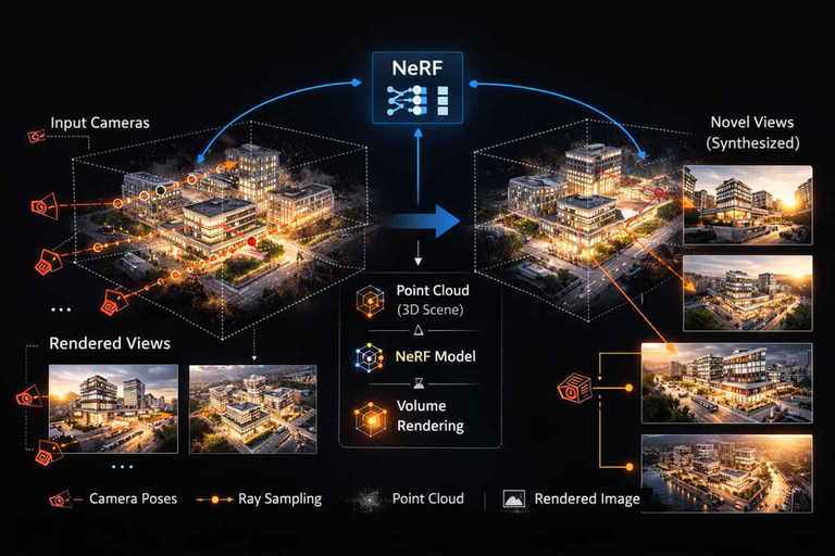 Diagramma di un flusso di lavoro con campi di radianza neurale che trasforma viste di una città in render sintetizzati