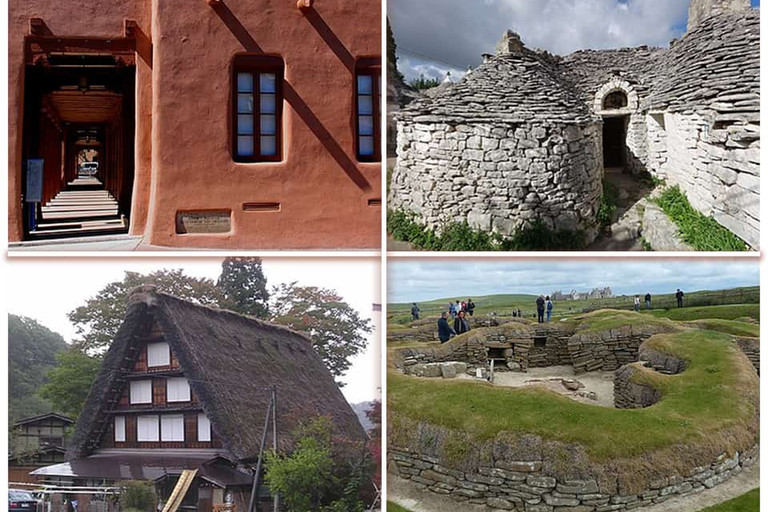 Collage de cuatro fotos de arquitectura vernácula: muro de tierra ocre, choza de piedra, granja japonesa con techo de paja y asentamiento con techos de césped