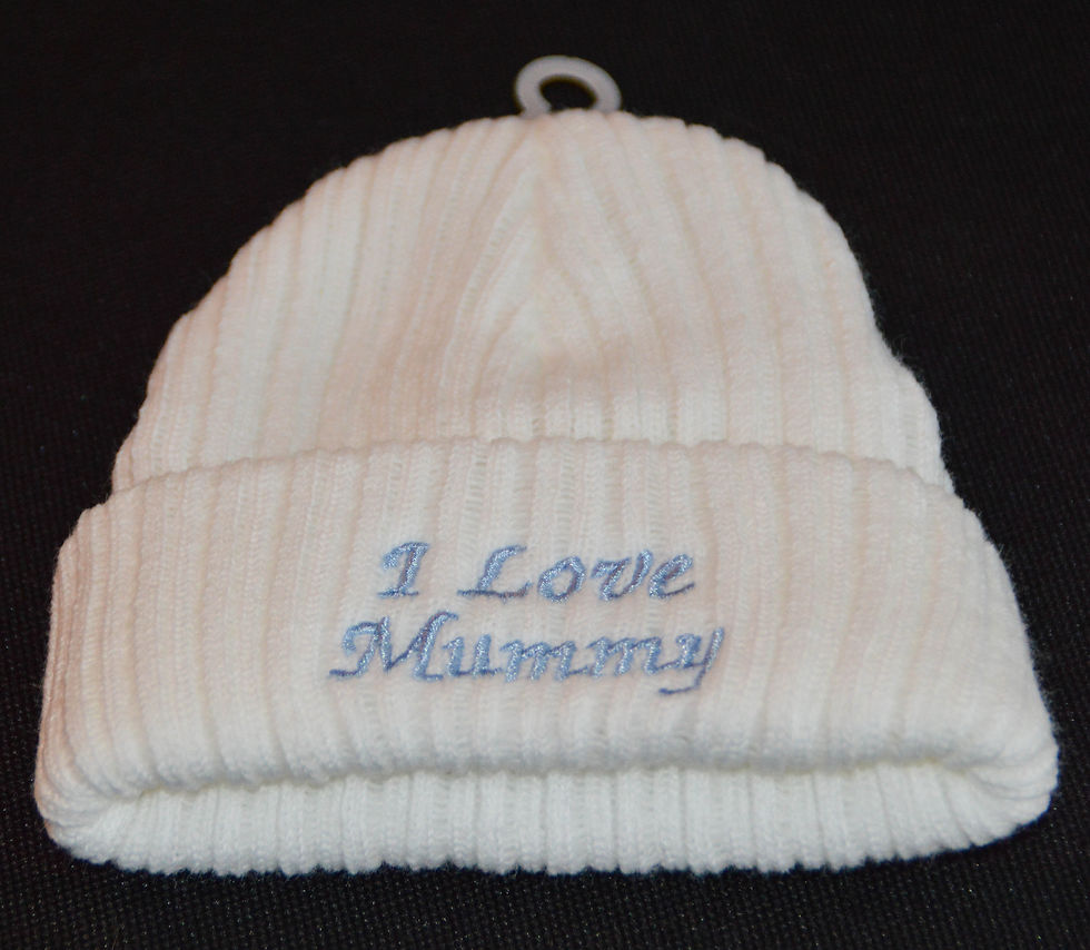 Baby Boys Knitted Hat - I Love Mummy in Sky Blue Embroidery 0 -3 months