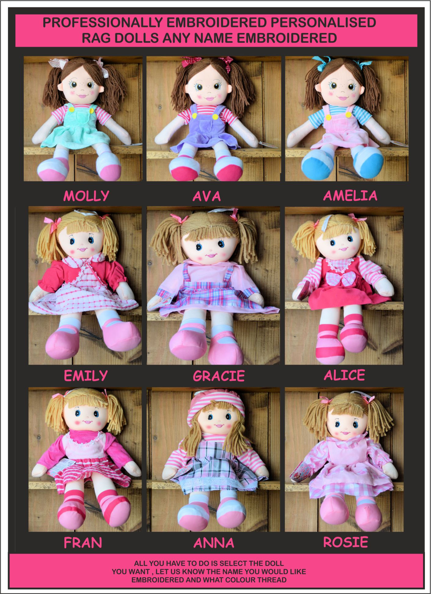 Nine different Rag Dolls: EMBROIDERED Personalised Rag Dolls